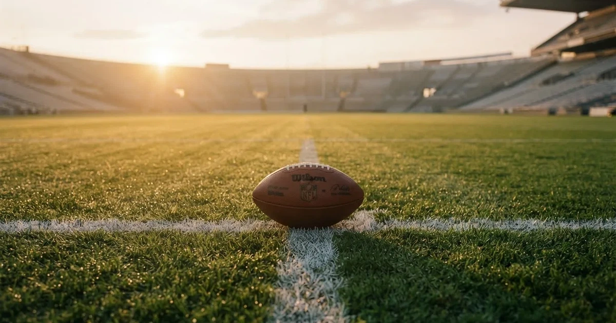 A ball on the centre spot of a grass pitch in morning light