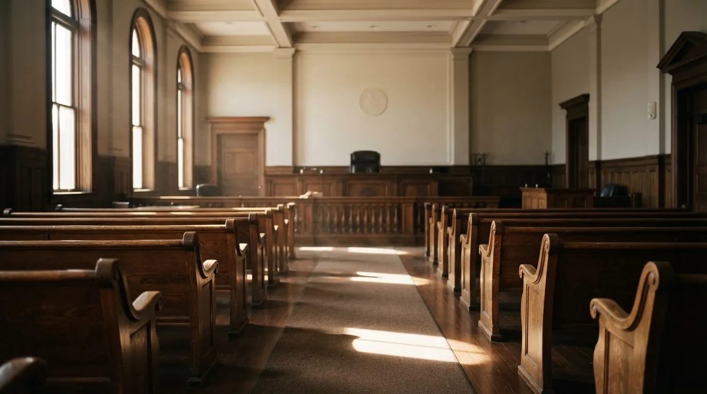 An empty courtroom with wooden benches in morning light