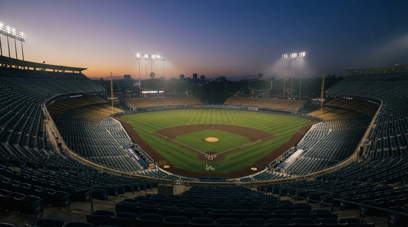 An empty football stadium with floodlight masts at dusk