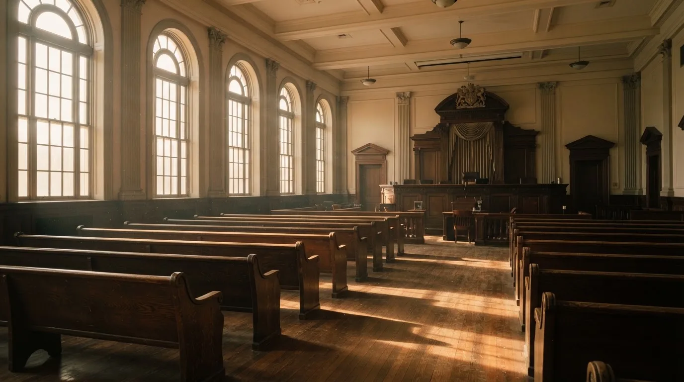 An empty courtroom with wooden benches in morning light