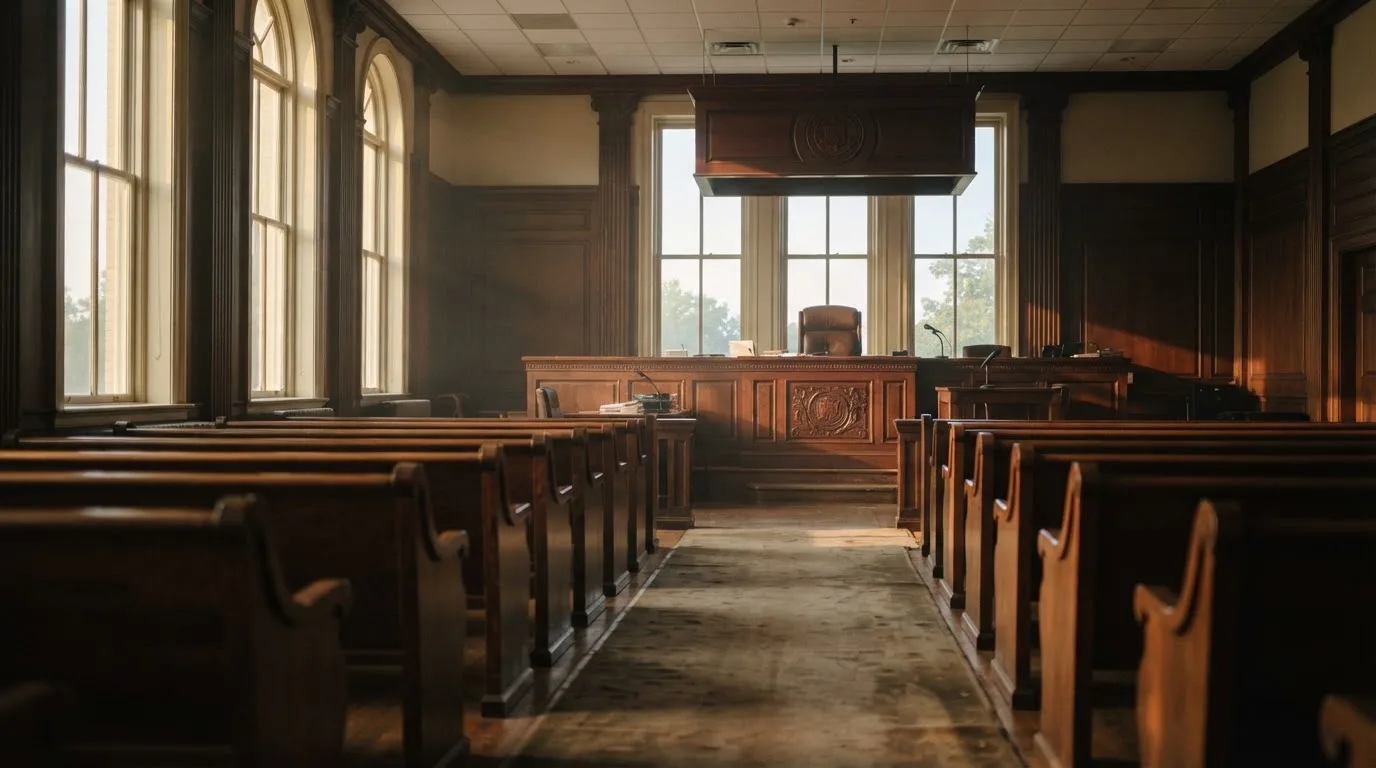 An empty courtroom with wooden benches in morning light