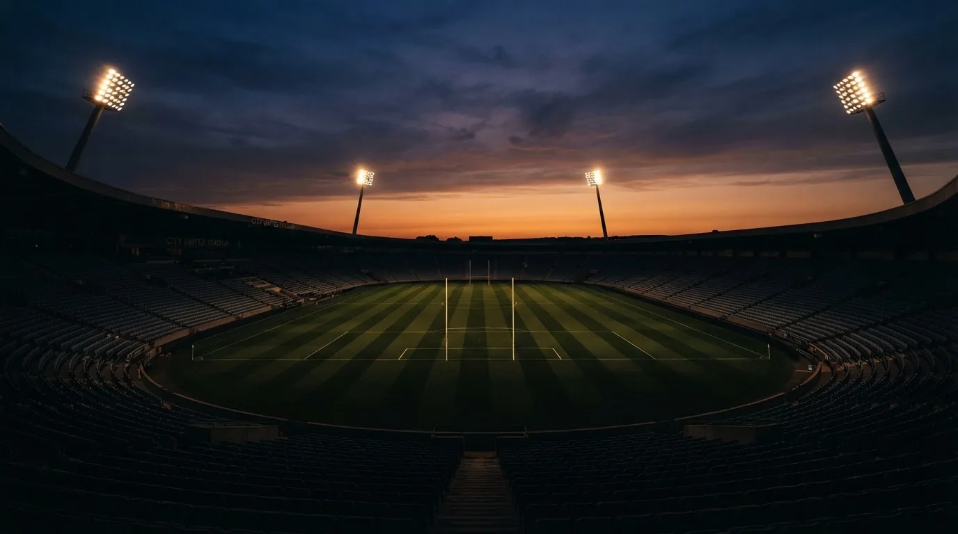 An empty football stadium with floodlight masts at dusk