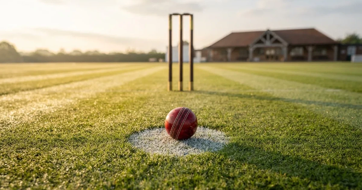 A ball on the centre spot of a grass pitch in morning light