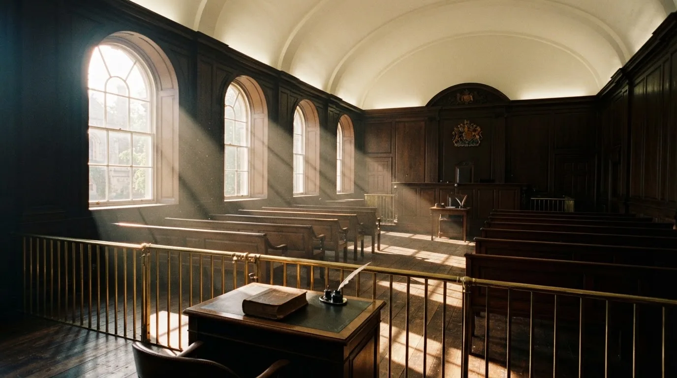 An empty courtroom with wooden benches in morning light