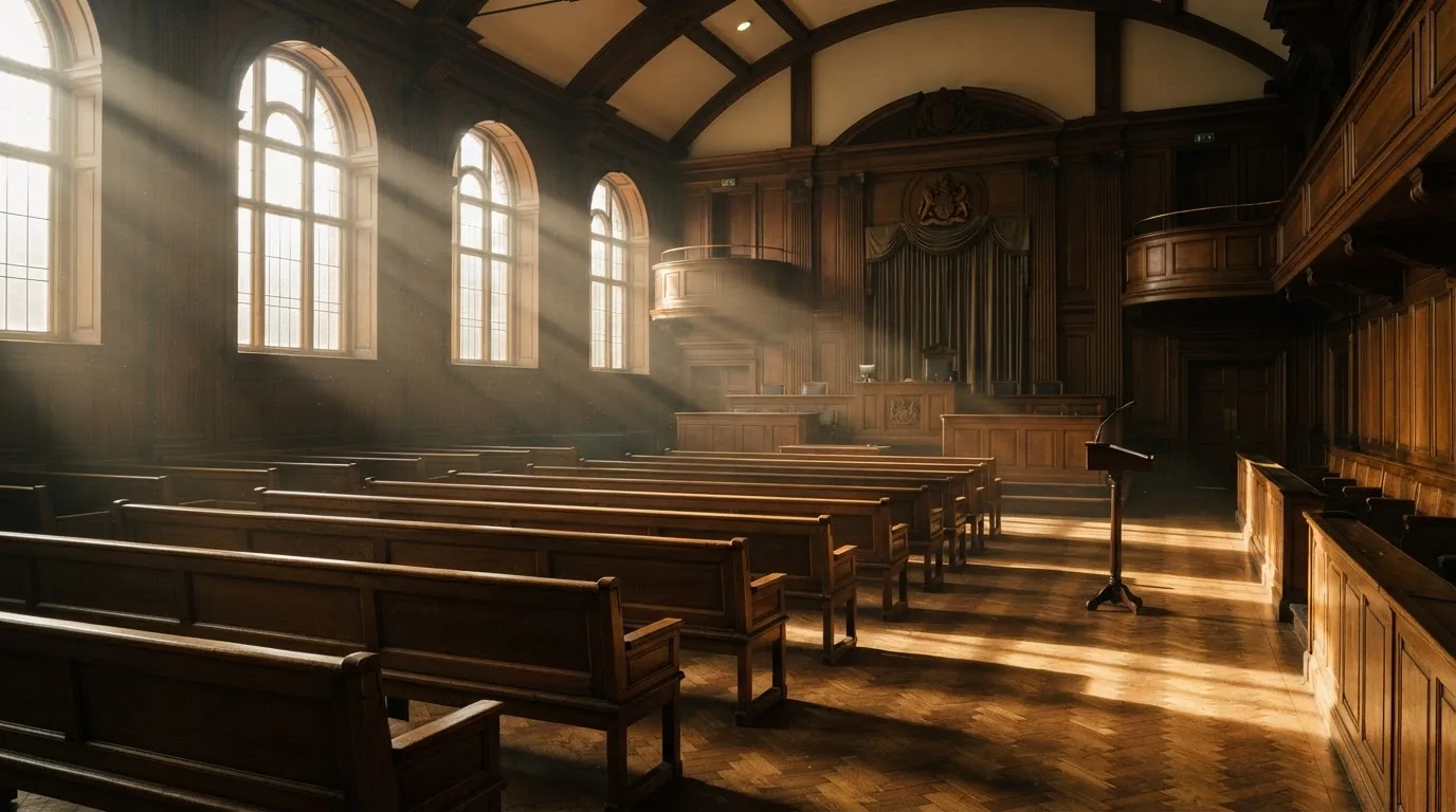 An empty courtroom with wooden benches in morning light