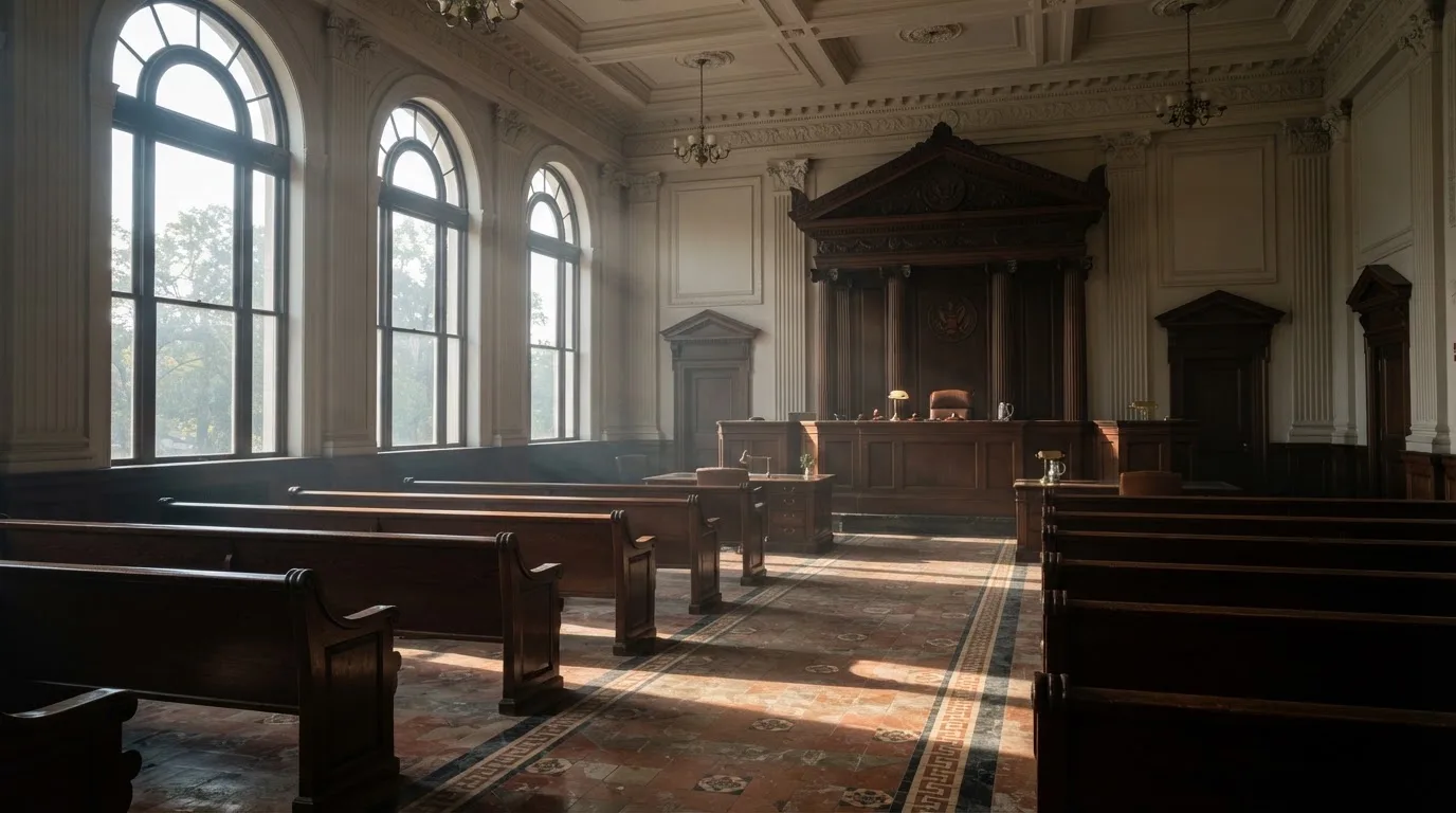 An empty courtroom with wooden benches in morning light