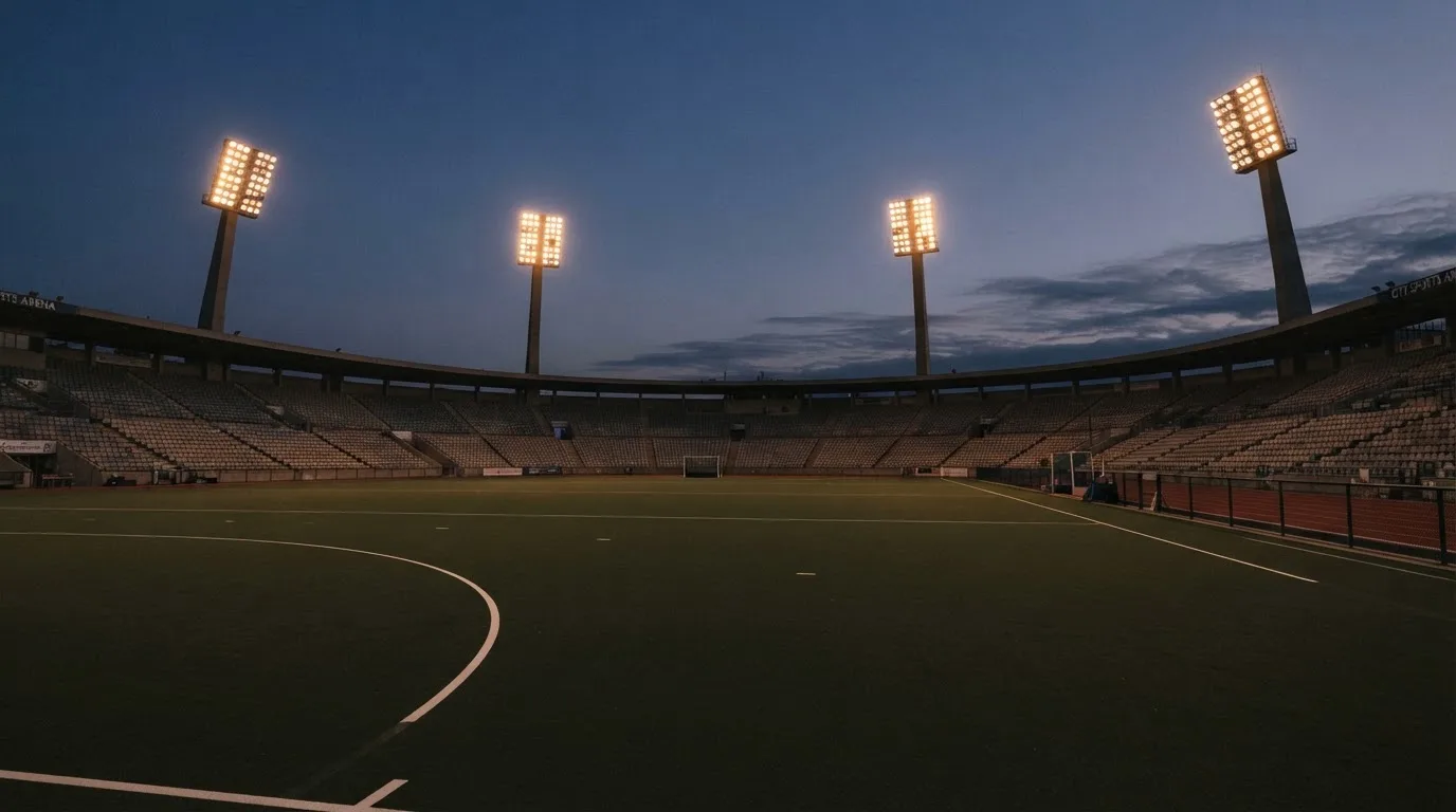 An empty football stadium with floodlight masts at dusk