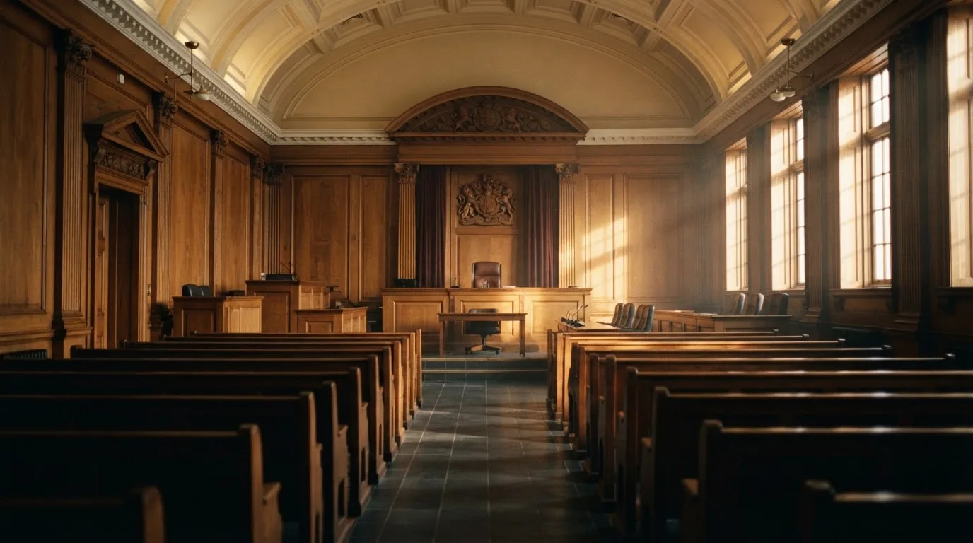 An empty courtroom with wooden benches in morning light
