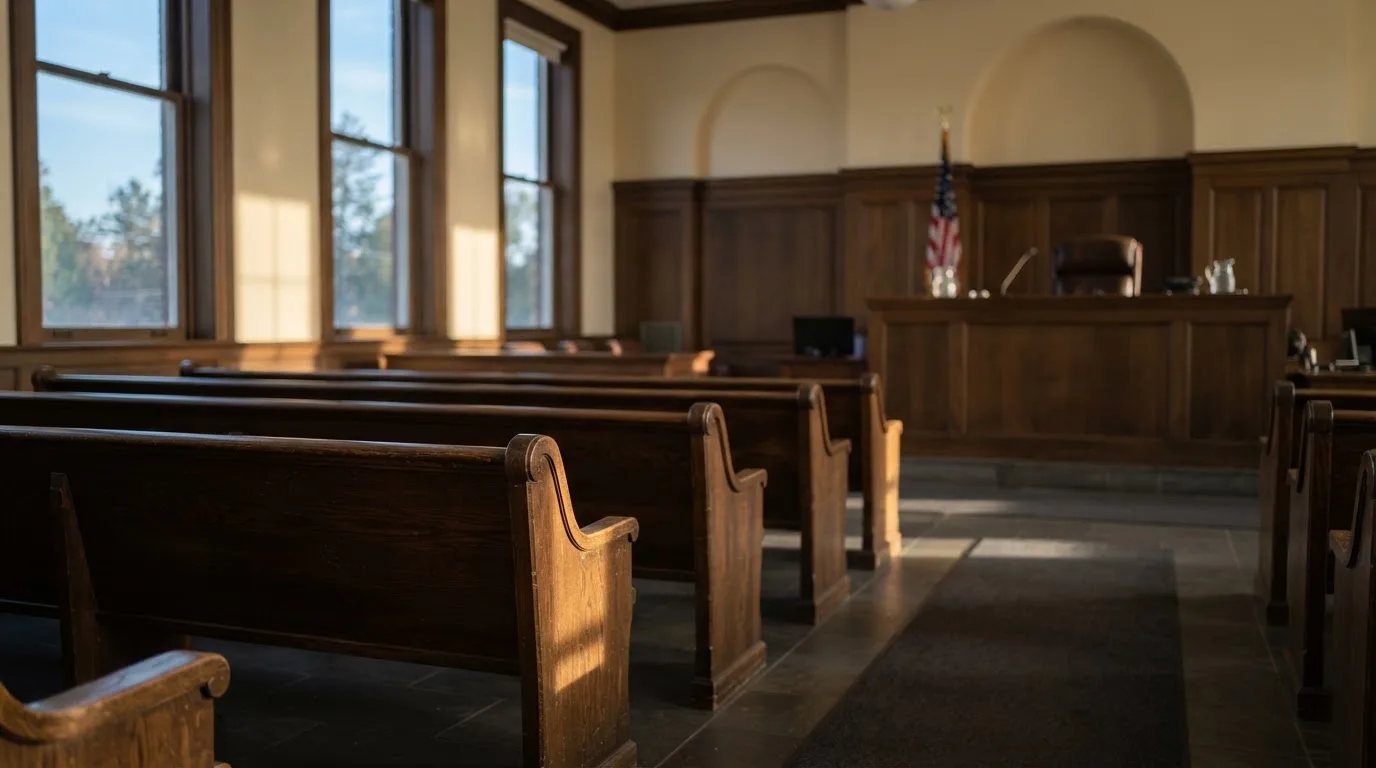 An empty courtroom with wooden benches in morning light
