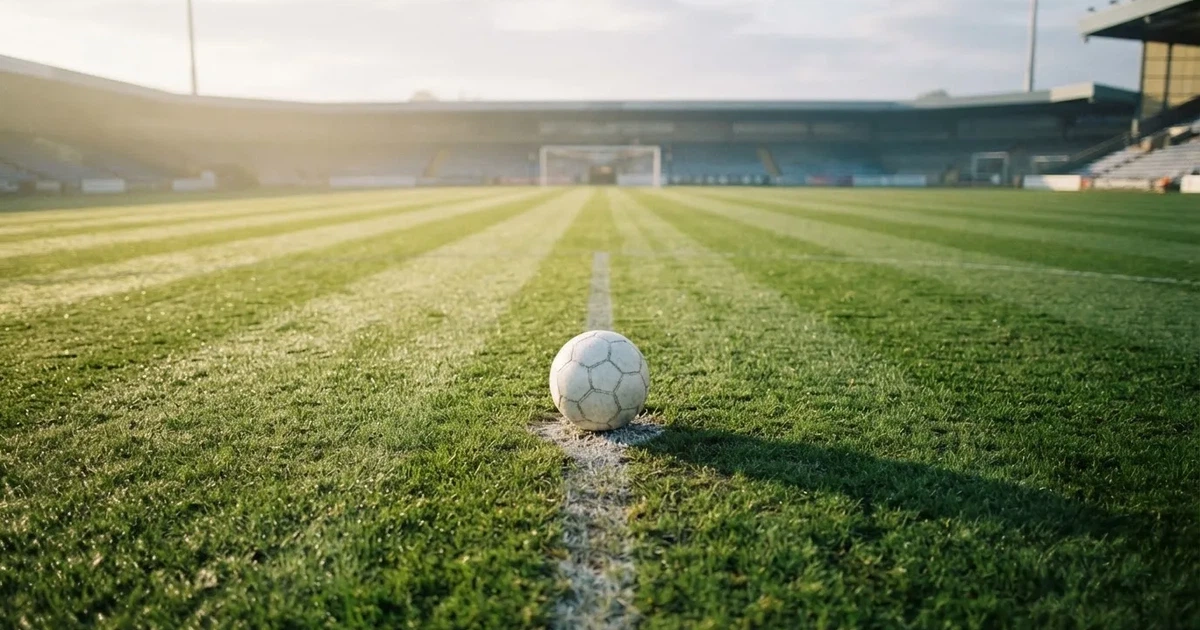 A ball on the centre spot of a grass pitch in morning light