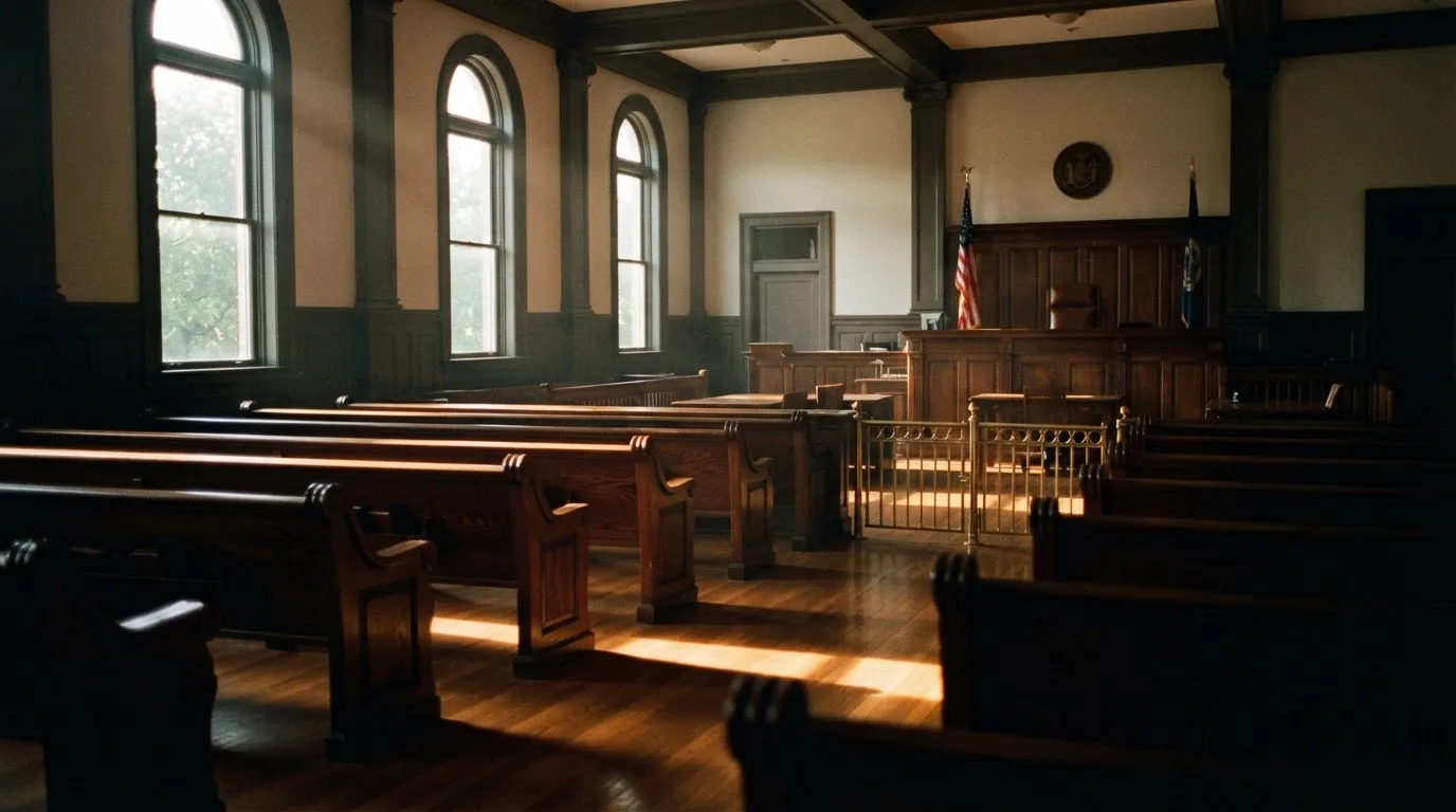 An empty courtroom with wooden benches in morning light