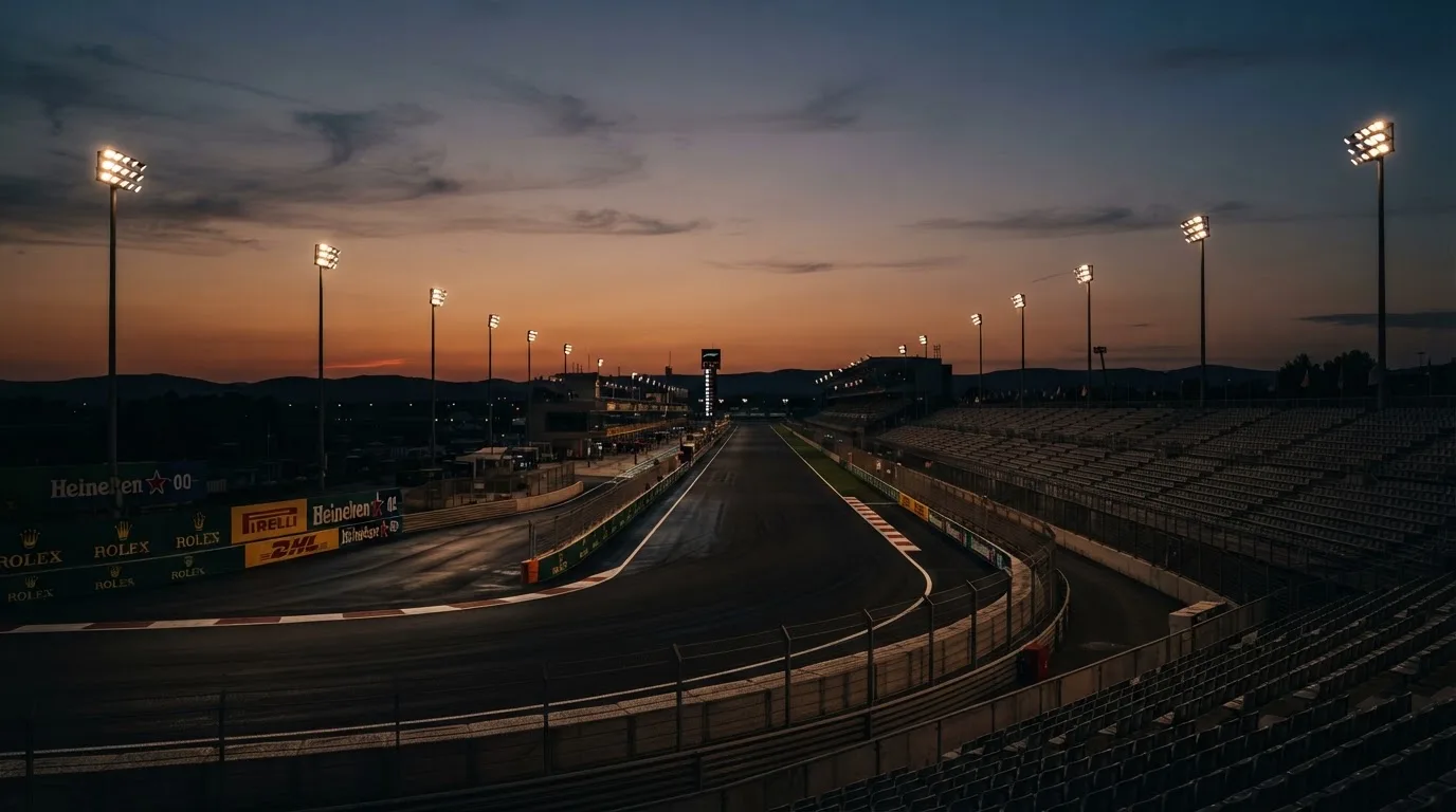 An empty football stadium with floodlight masts at dusk