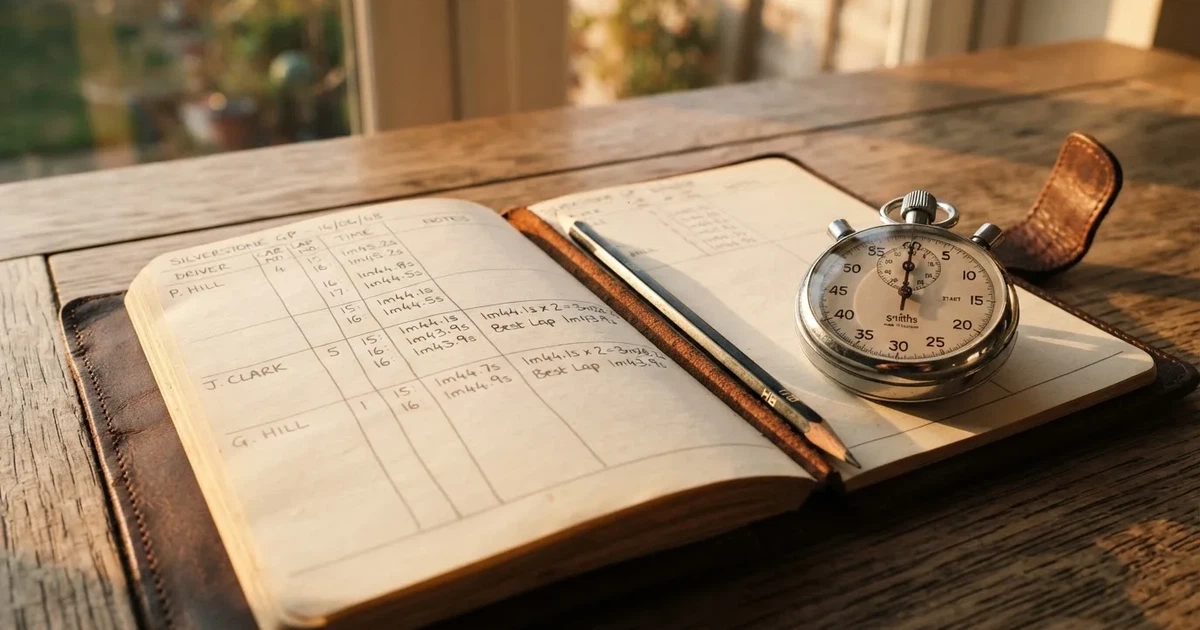 An open notebook with a pencil and a stopwatch on a wooden table