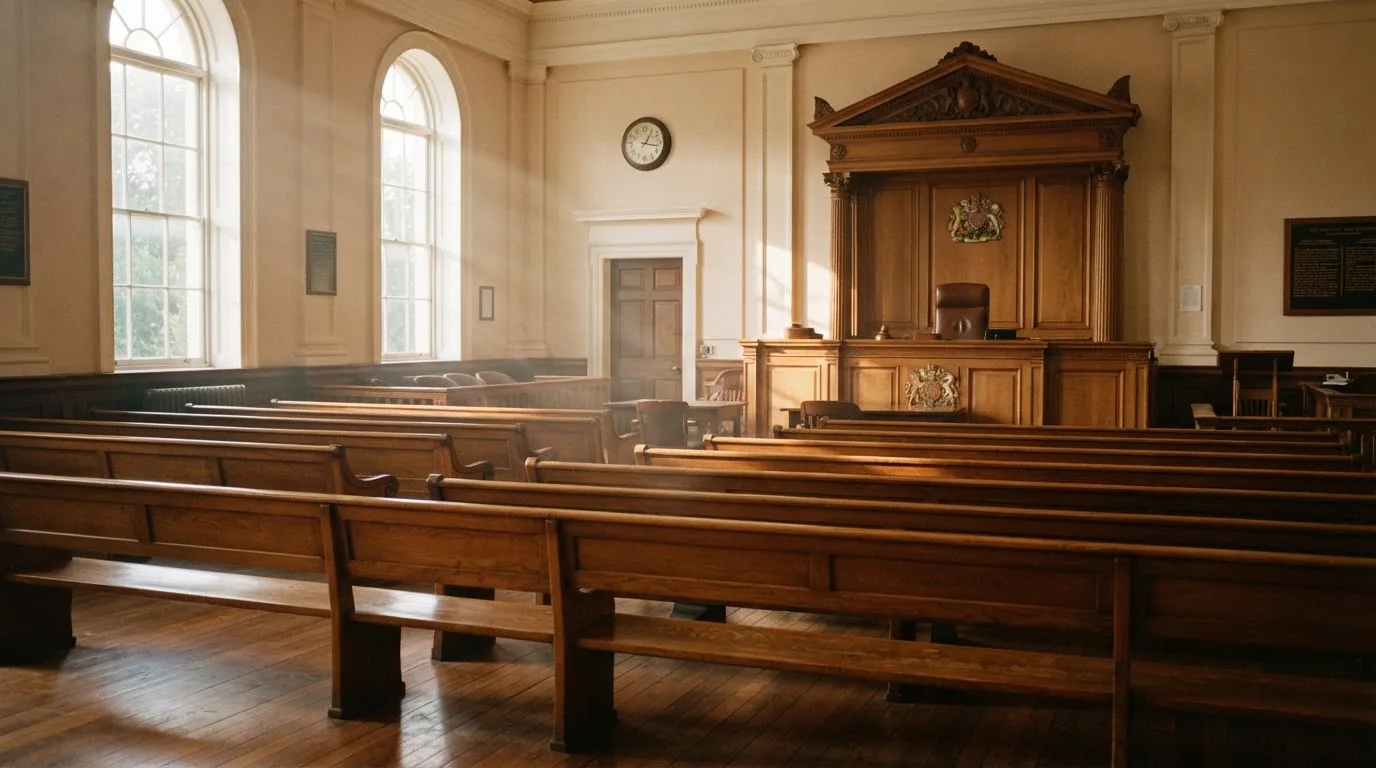 An empty courtroom with wooden benches in morning light