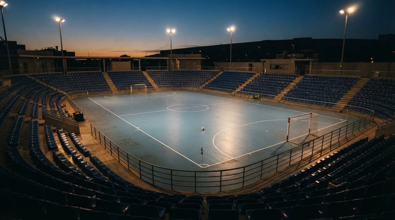 An empty football stadium with floodlight masts at dusk