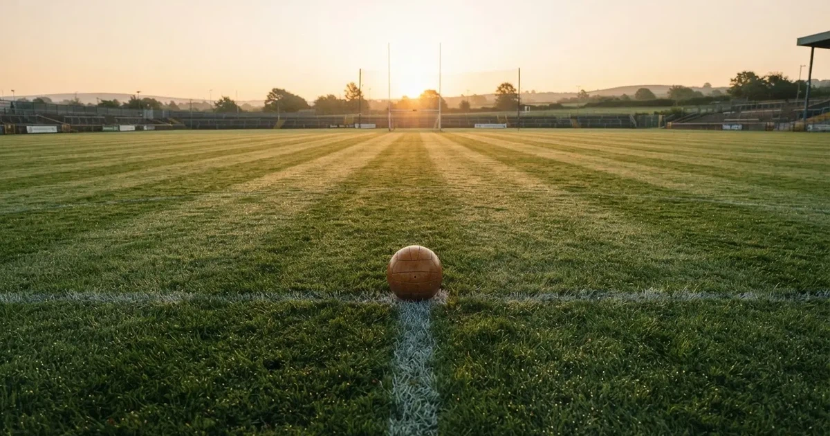 A ball on the centre spot of a grass pitch in morning light
