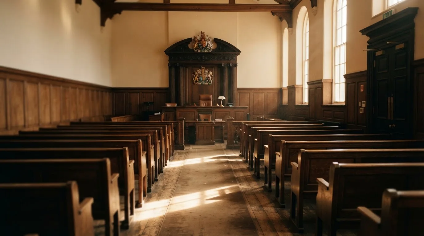 An empty courtroom with wooden benches in morning light