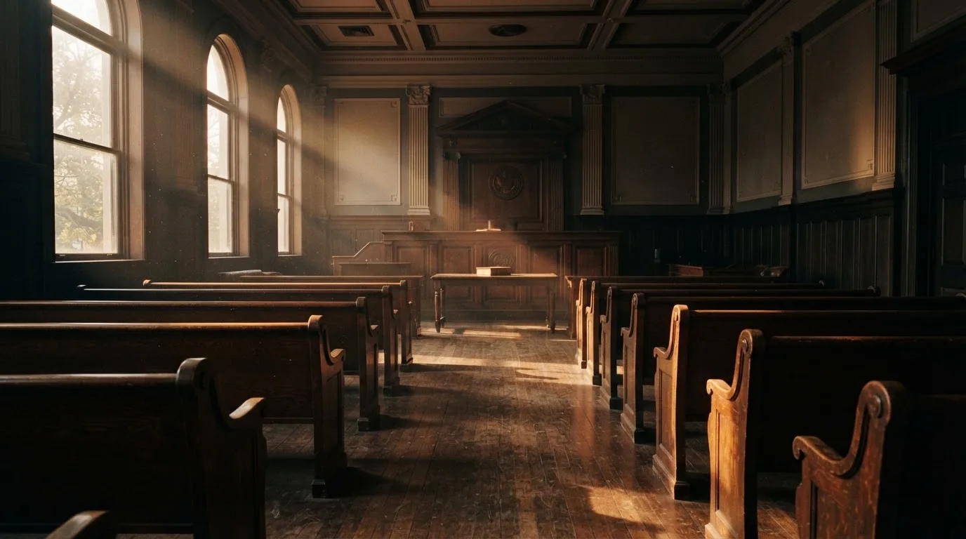An empty courtroom with wooden benches in morning light