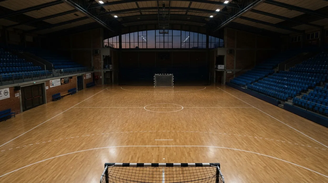 An empty football stadium with floodlight masts at dusk