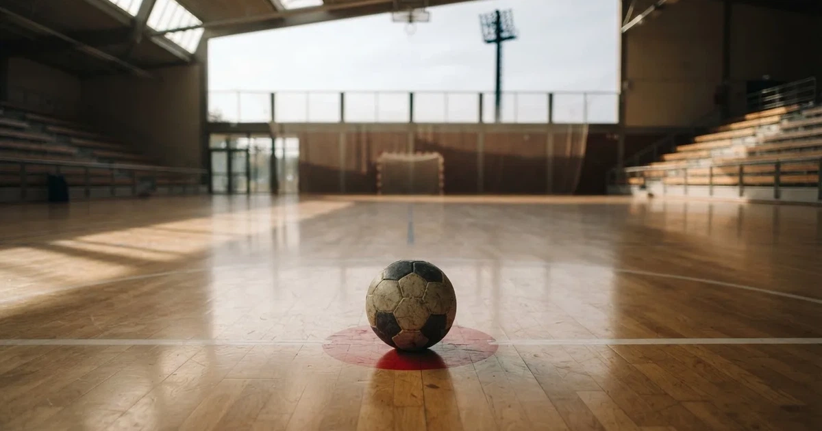 A ball on the centre spot of a grass pitch in morning light