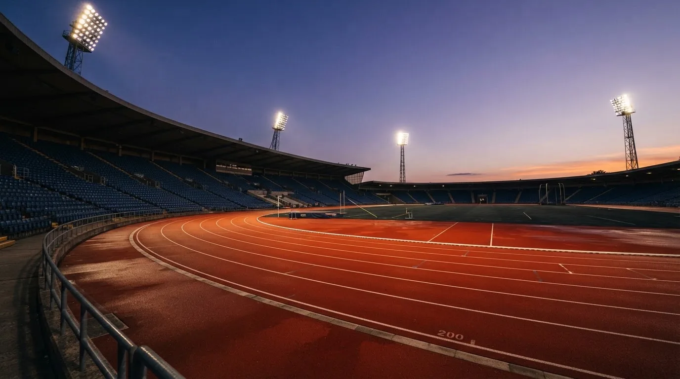 An empty football stadium with floodlight masts at dusk