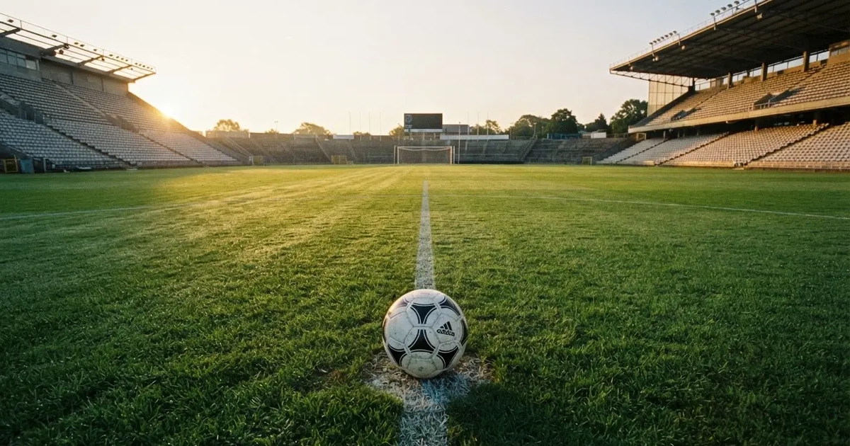 A ball on the centre spot of a grass pitch in morning light
