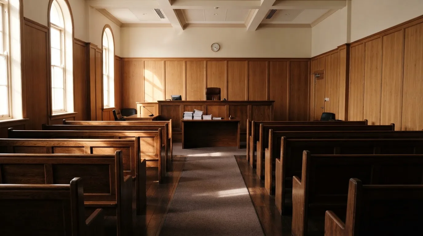 An empty courtroom with wooden benches in morning light