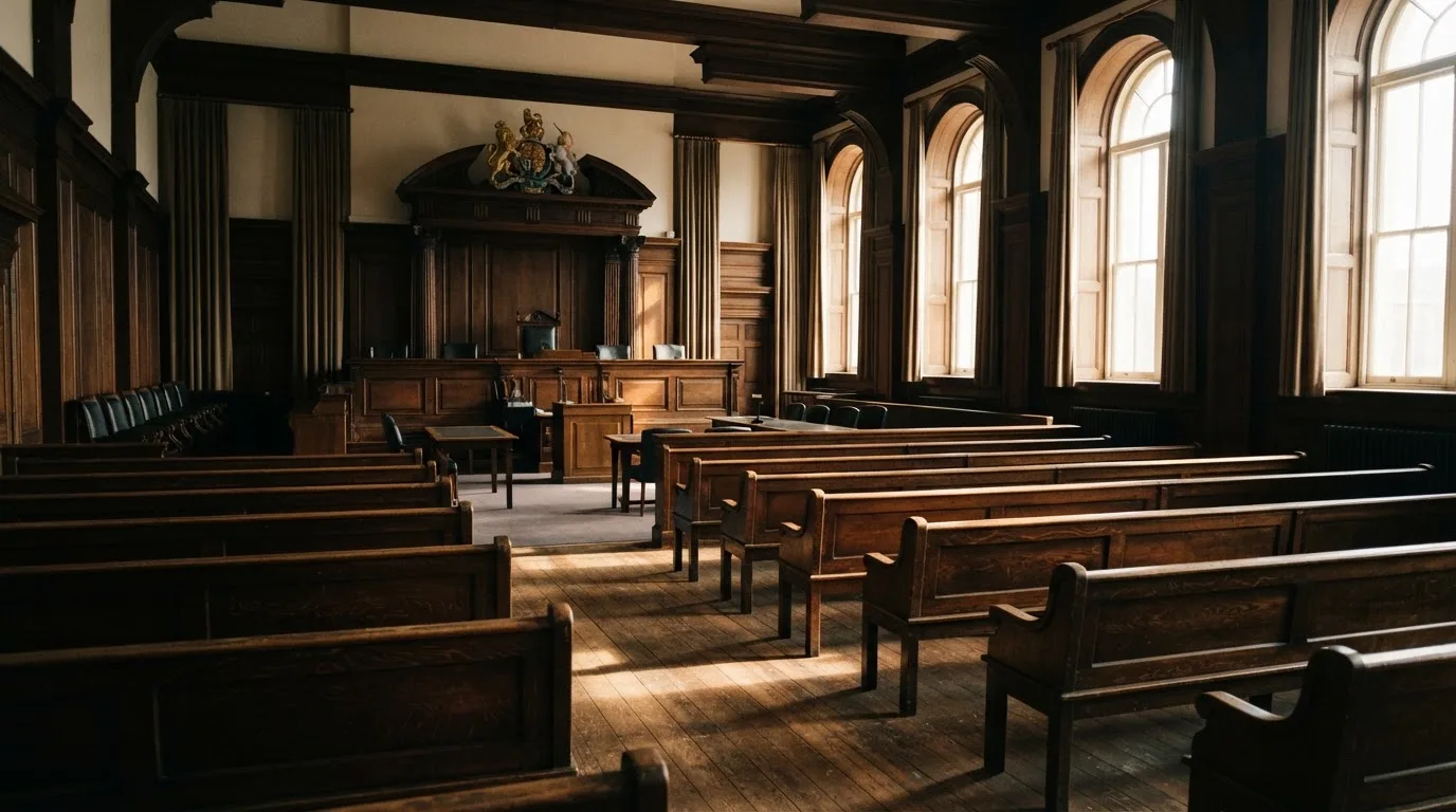 An empty courtroom with wooden benches in morning light