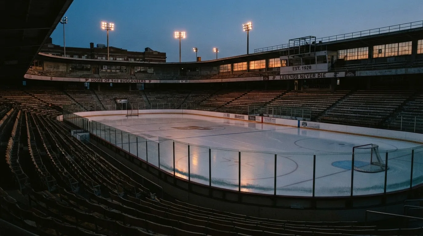 An empty football stadium with floodlight masts at dusk