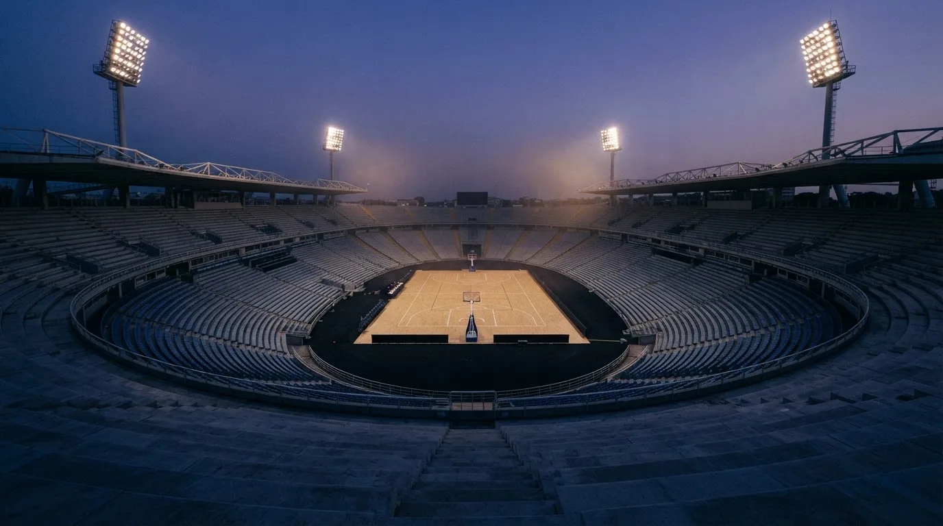 An empty football stadium with floodlight masts at dusk