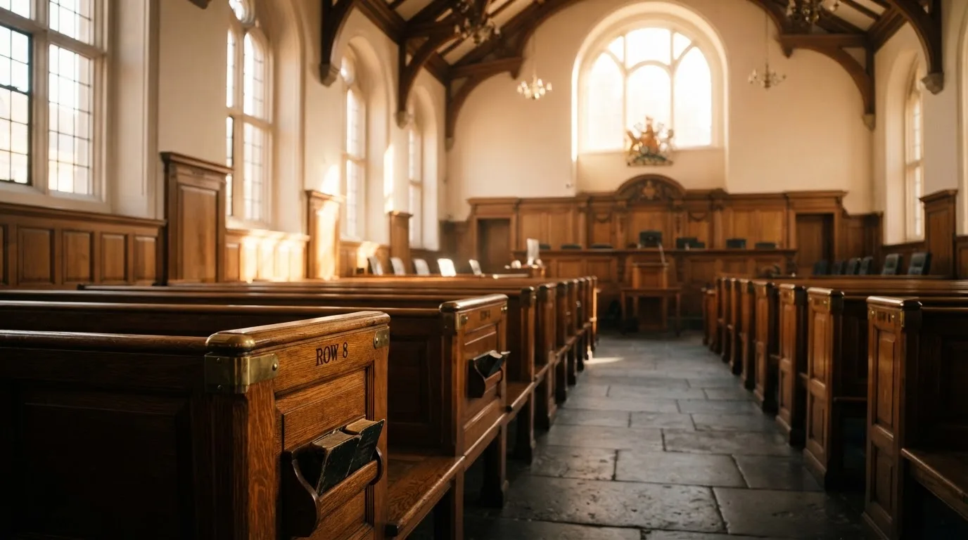 An empty courtroom with wooden benches in morning light