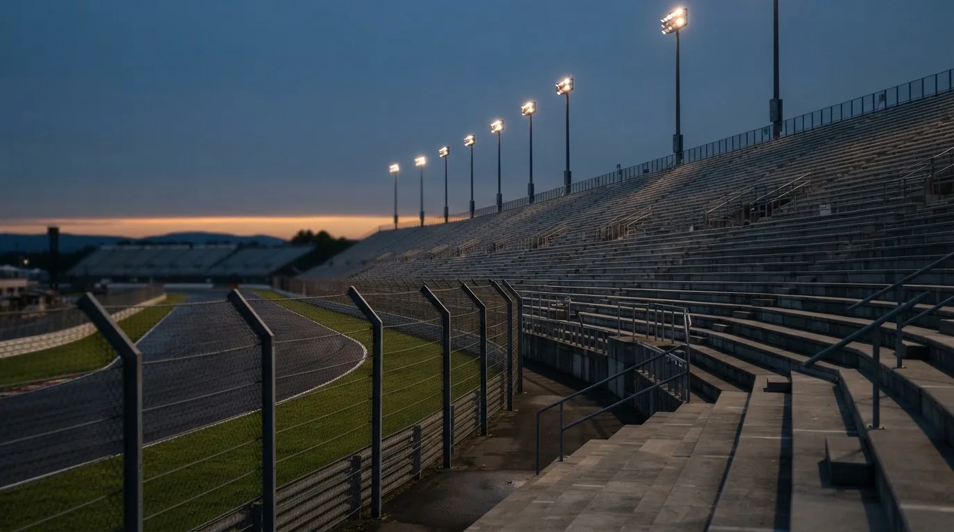 An empty football stadium with floodlight masts at dusk