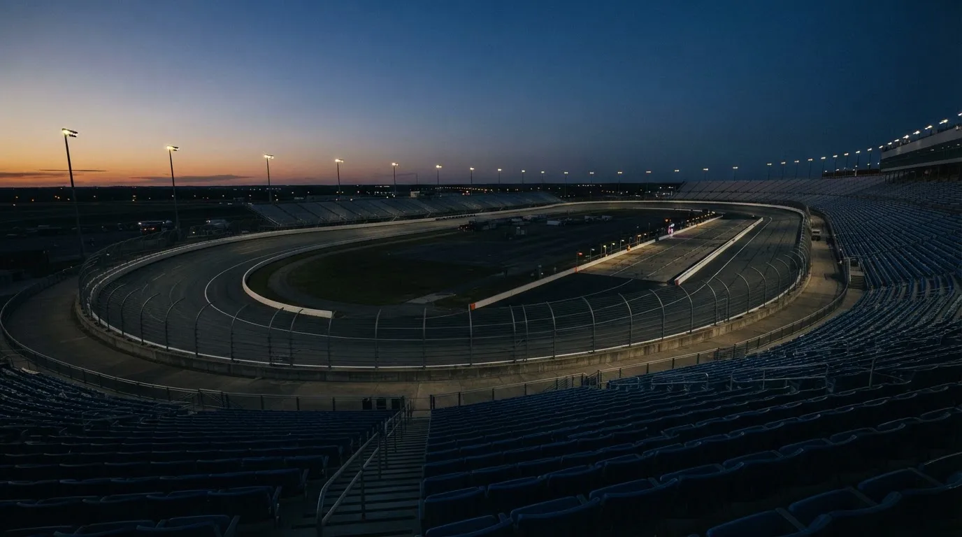 An empty football stadium with floodlight masts at dusk