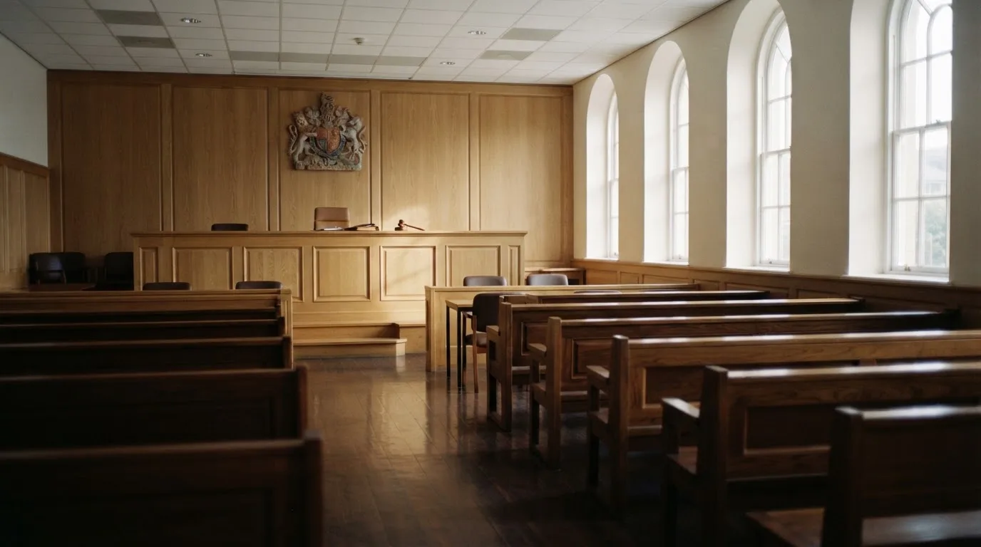 An empty courtroom with wooden benches in morning light