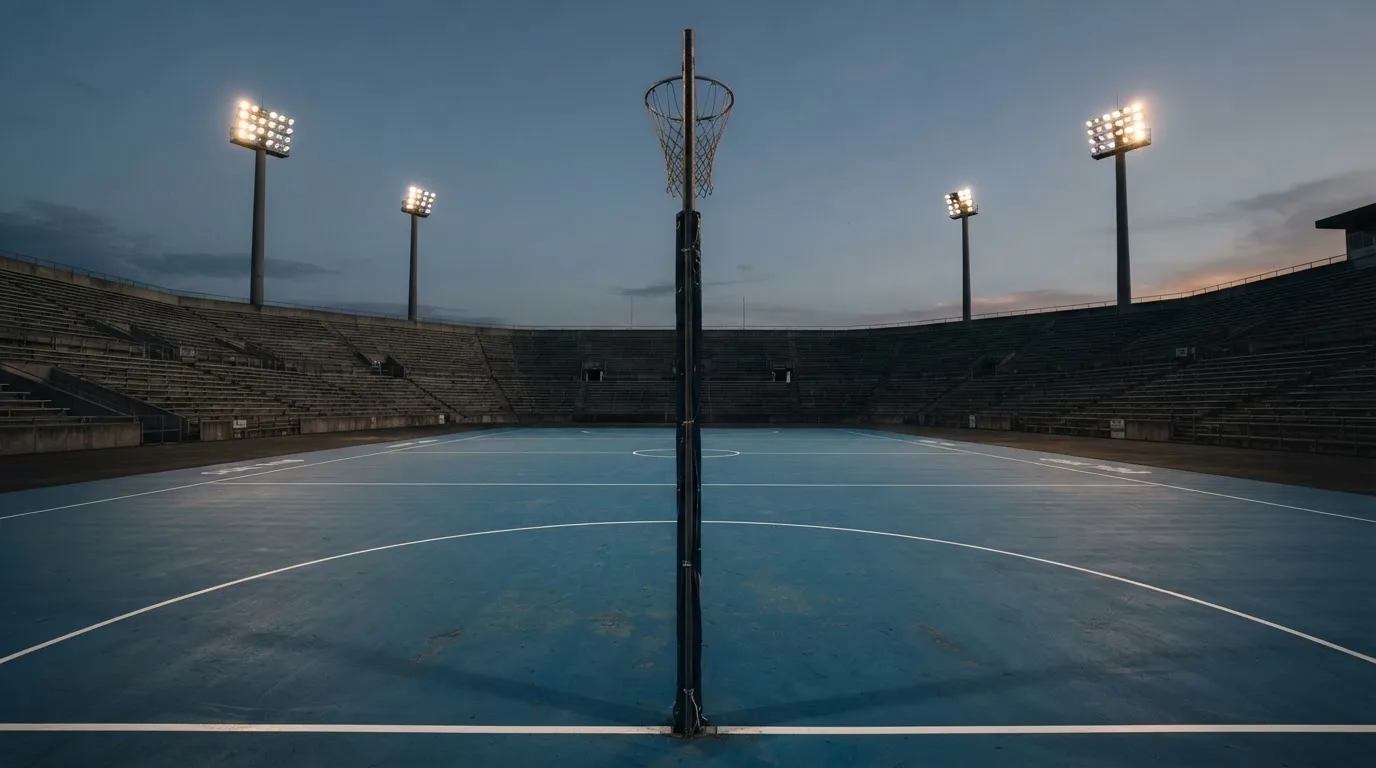 An empty football stadium with floodlight masts at dusk