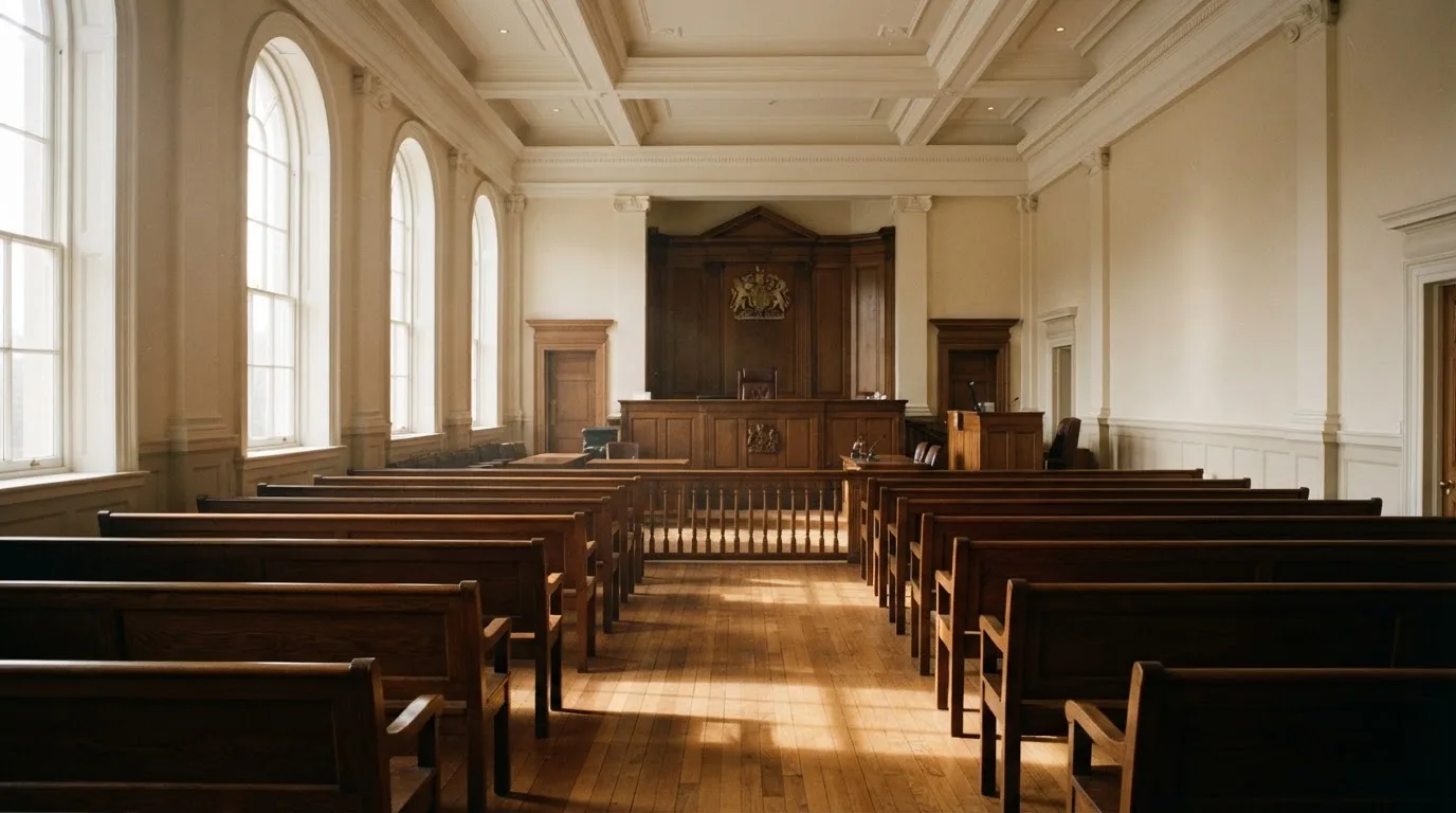 An empty courtroom with wooden benches in morning light