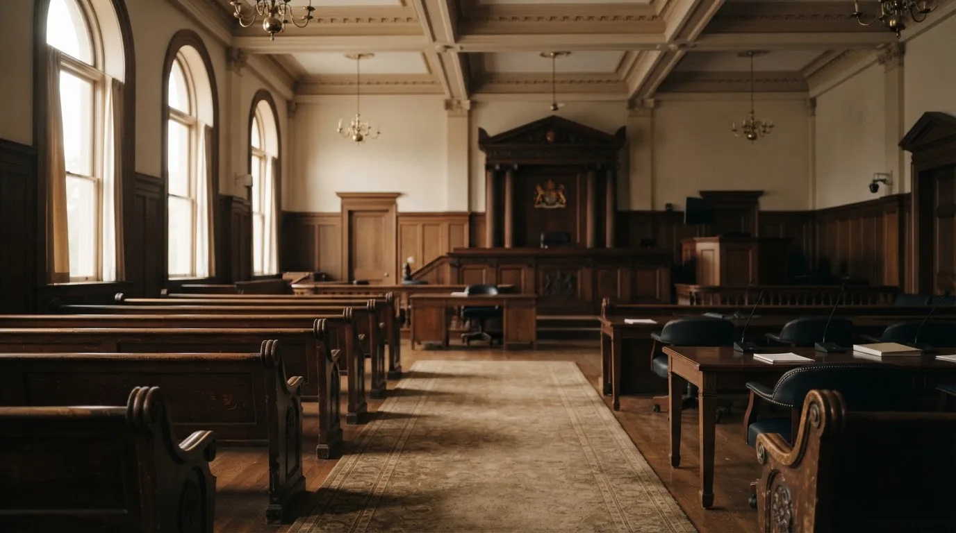 An empty courtroom with wooden benches in morning light