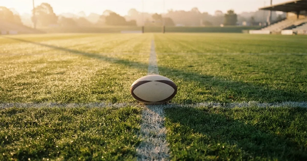 A ball on the centre spot of a grass pitch in morning light