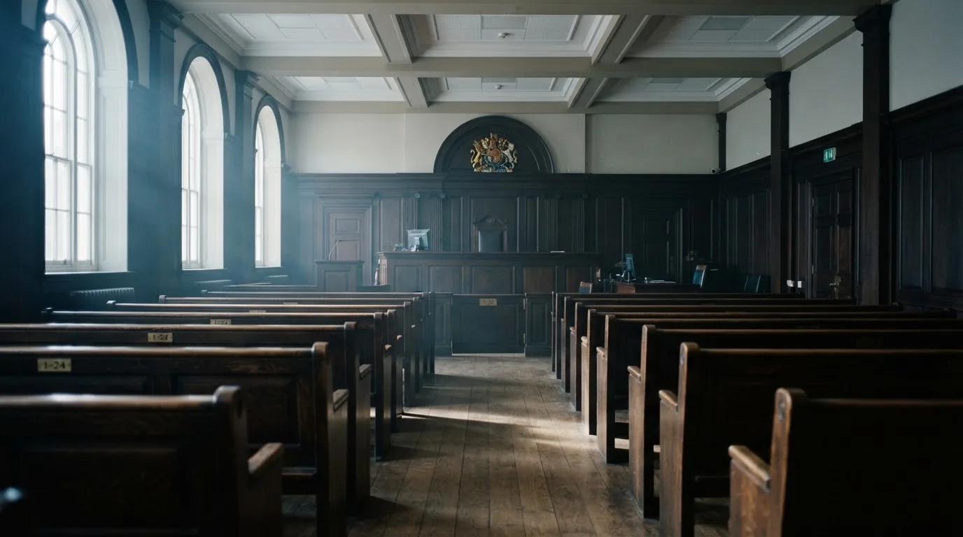 An empty courtroom with wooden benches in morning light