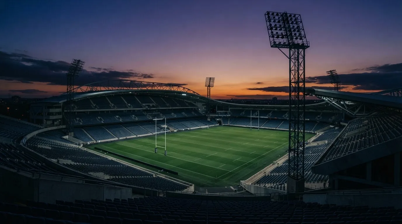 An empty football stadium with floodlight masts at dusk