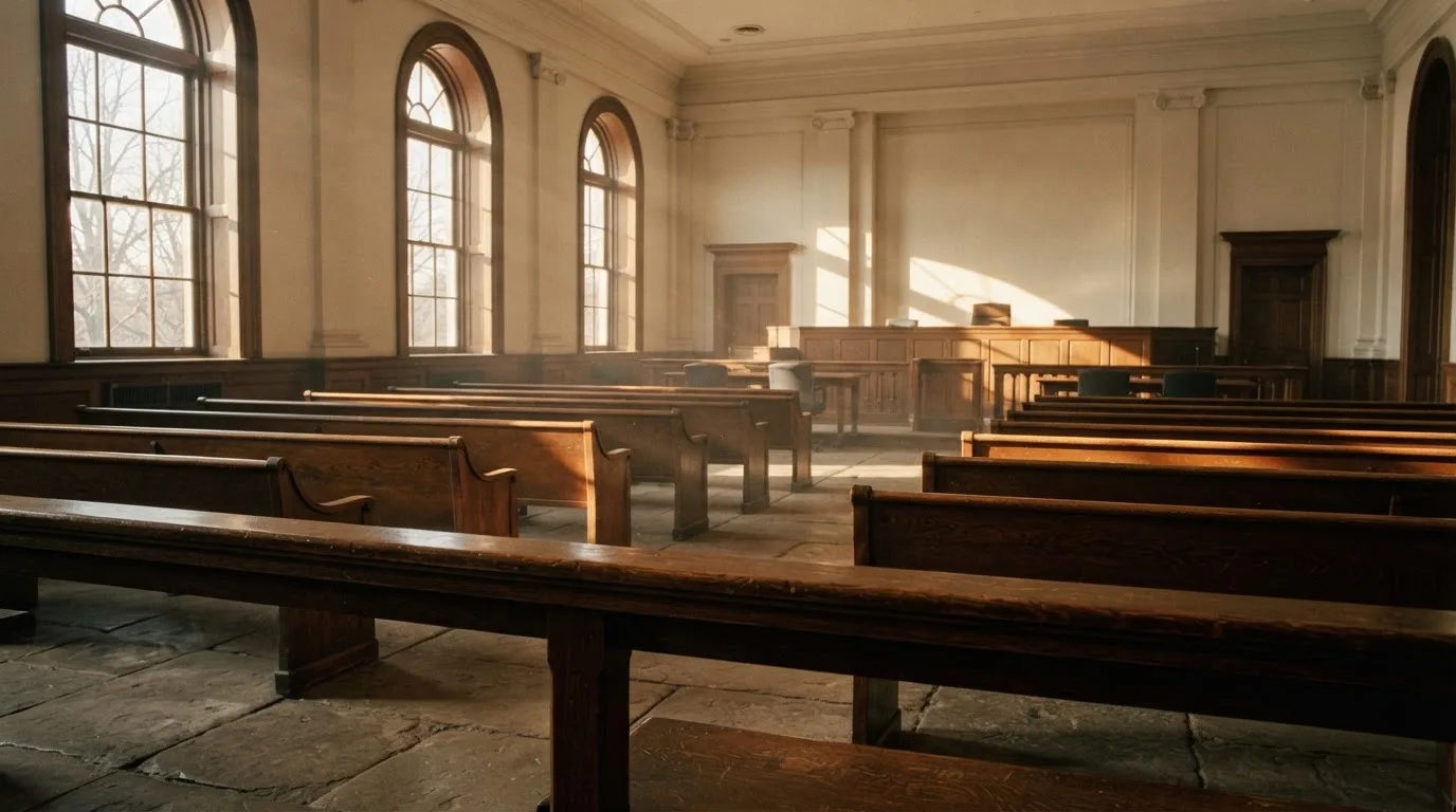 An empty courtroom with wooden benches in morning light