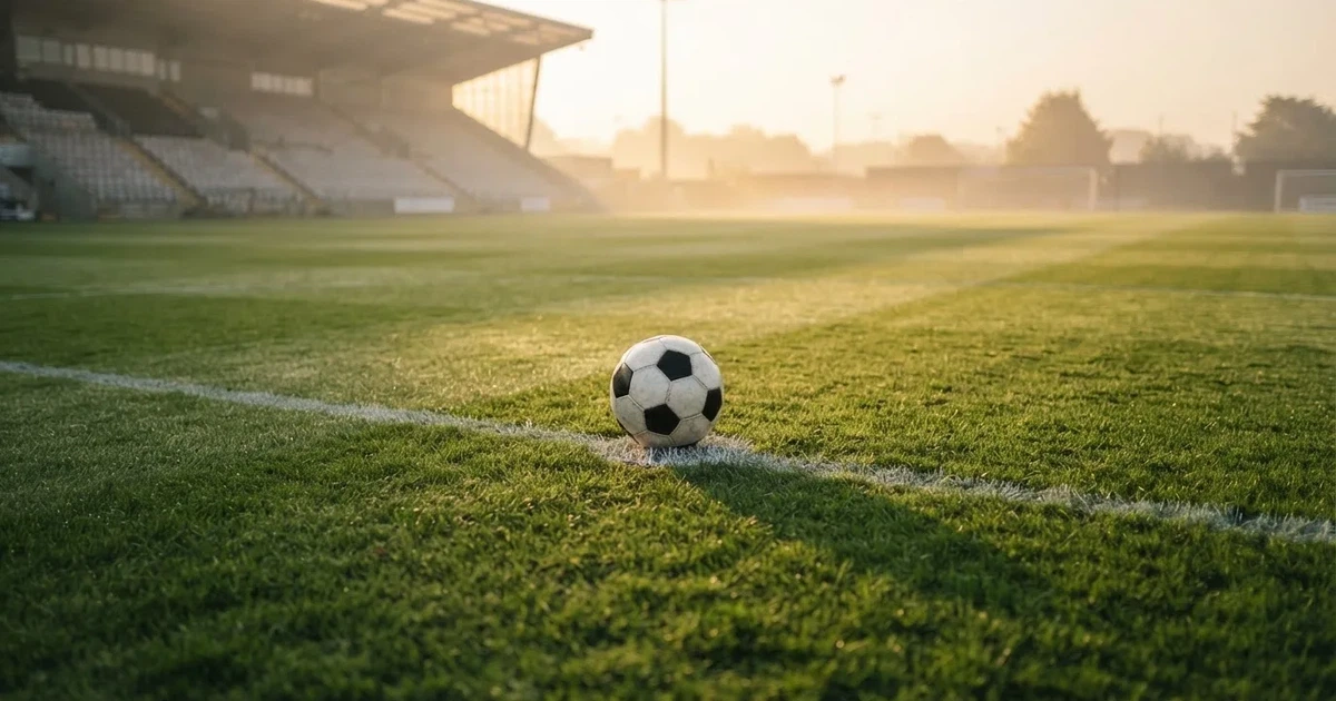 A ball on the centre spot of a grass pitch in morning light