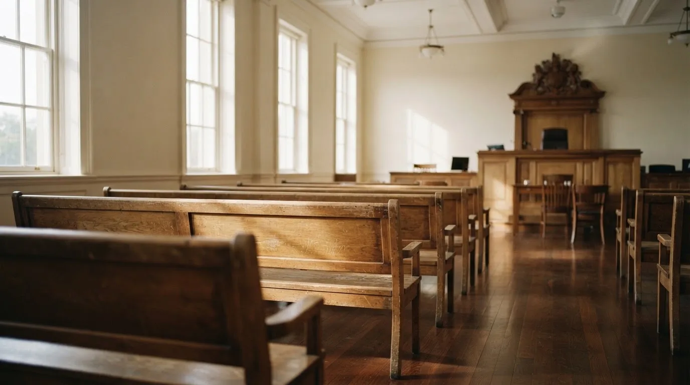 An empty courtroom with wooden benches in morning light