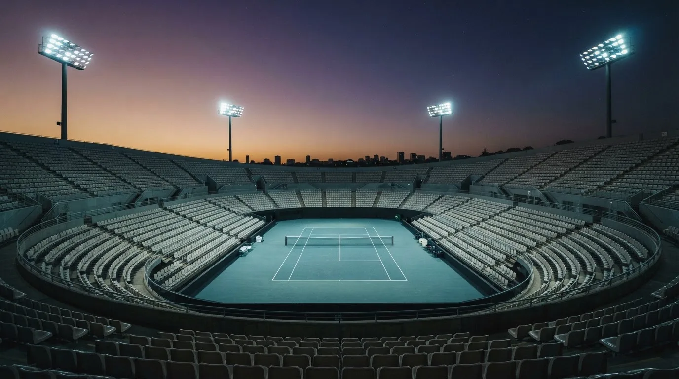 An empty football stadium with floodlight masts at dusk