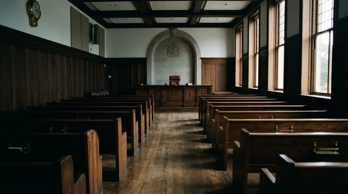 An empty courtroom with wooden benches in morning light