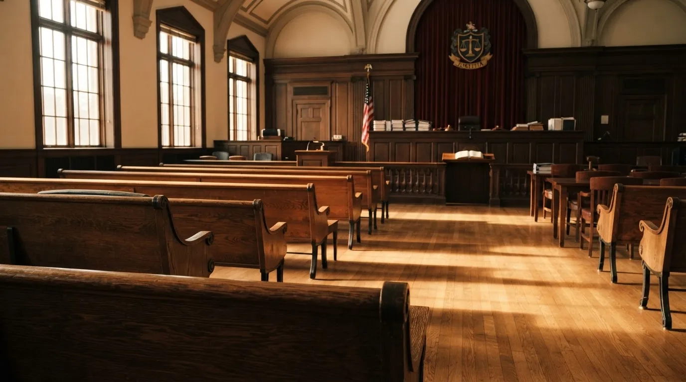 An empty courtroom with wooden benches in morning light