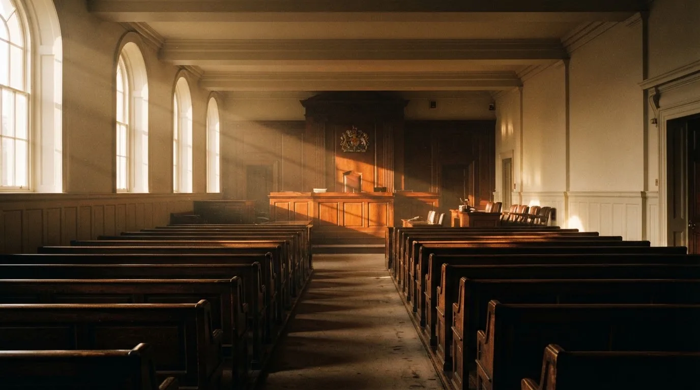 An empty courtroom with wooden benches in morning light