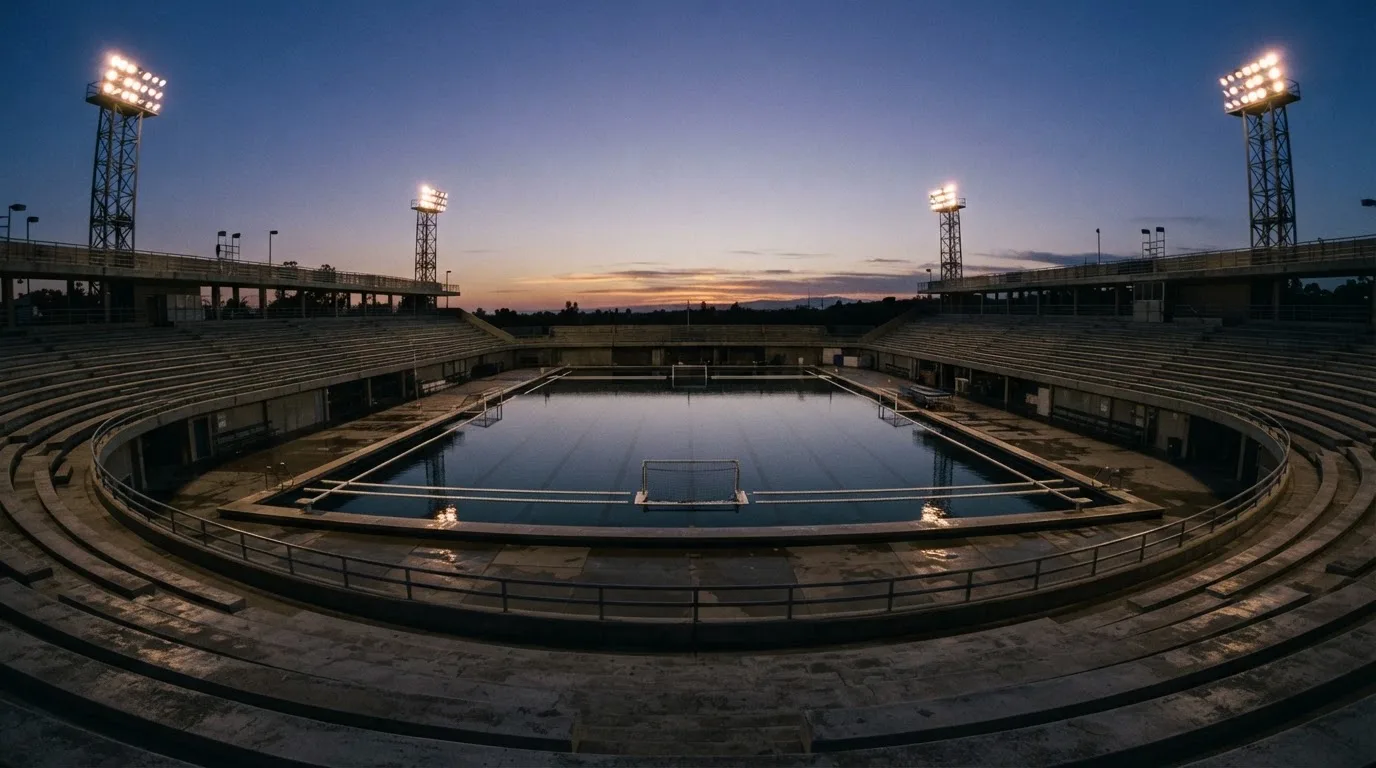 An empty football stadium with floodlight masts at dusk