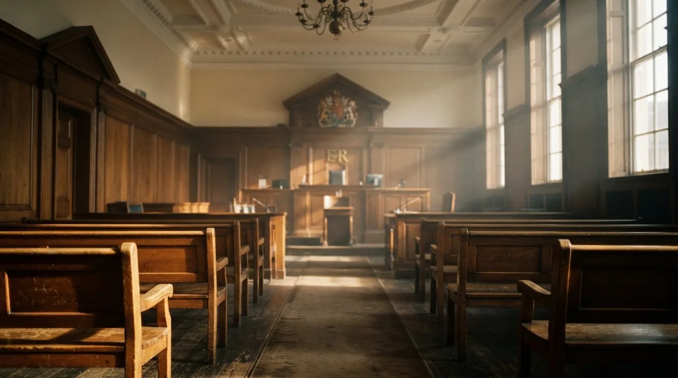 An empty courtroom with wooden benches in morning light