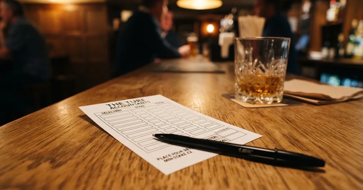 A blank paper betting slip beside a pen on a wooden counter
